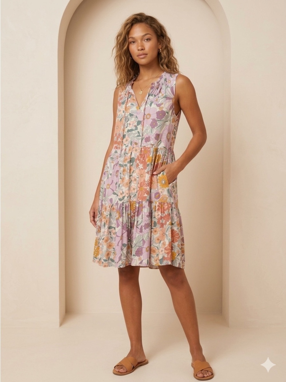 Style U Retro Floral Tiered Mini Dress with Pockets - Size Medium spring
